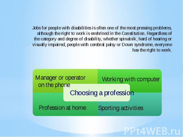 Jobs for people with disabilities is often one of the most pressing problems, although the right to work is enshrined in the Constitution. Regardless of the category and degree of disability, whether spinalnik, hard of hearing or visually impaired, …