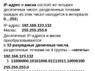 IP-адрес и маска состоят из четырех десятичных чисел, разделенных точками (каждо
