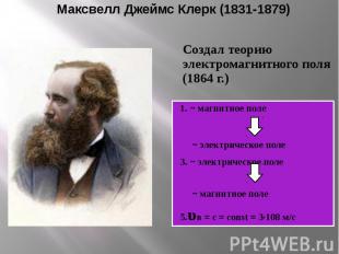Максвелл Джеймс Клерк (1831-1879) Создал теорию электромагнитного поля (1864 г.)