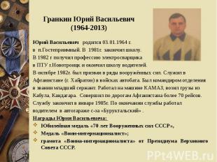 Гранкин Юрий Васильевич(1964-2013) Юрий Васильевич родился 03.01.1964 г. в п.Гос