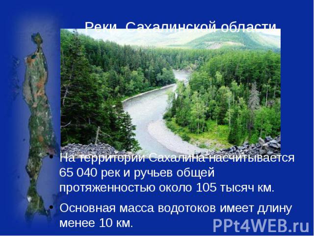 Реки Сахалинской области На территории Сахалина насчитывается 65 040 рек и ручьев общей протяженностью около 105 тысяч км. Основная масса водотоков имеет длину менее 10 км.