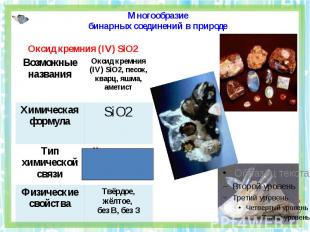 Многообразиебинарных соединений в природе Оксид кремния (IV) SiO2