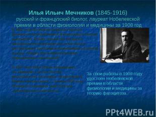 Илья Ильич Мечников (1845-1916)русский и французский биолог, лауреат Нобелевской