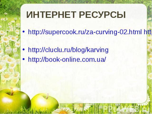 ИНТЕРНЕТ РЕСУРСЫ http://supercook.ru/za-curving-02.html http://ru.wikipedia.org/wiki http://cluclu.ru/blog/karvinghttp://book-online.com.ua/