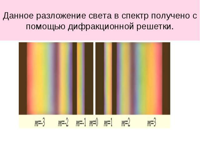 Данное разложение света в спектр получено спомощью дифракционной решетки.