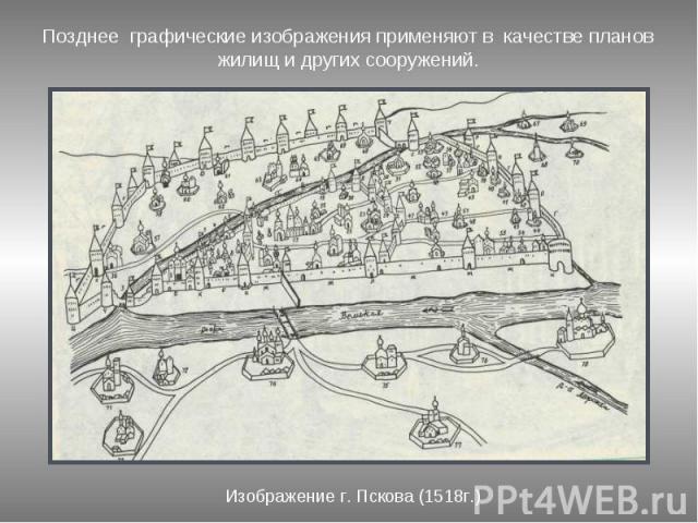 Позднее графические изображения применяют в качестве планов жилищ и других сооружений.Изображение г. Пскова (1518г.)