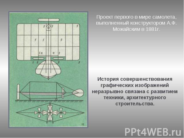 Проект первого в мире самолета, выполненный конструктором А.Ф. Можайским в 1881г.История совершенствования графических изображений неразрывно связана с развитием техники, архитектурного строительства.