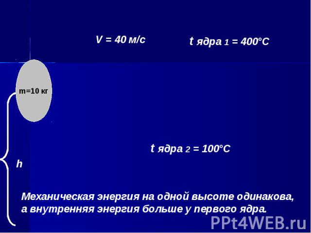 Механическая энергия на одной высоте одинакова, а внутренняя энергия больше у первого ядра.