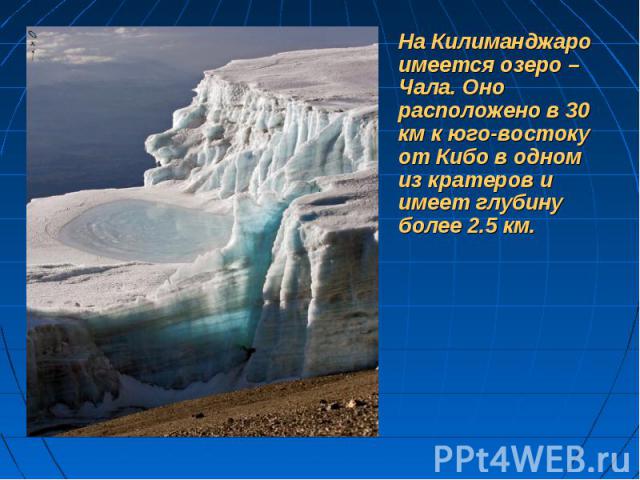 На Килиманджаро имеется озеро –Чала. Оно расположено в 30 км к юго-востоку от Кибо в одном из кратеров и имеет глубину более 2.5 км.