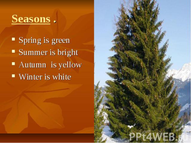 Seasons . Spring is greenSummer is brightAutumn is yellowWinter is white