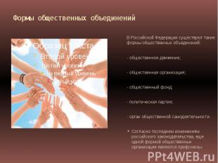 Формы общественных объединений В Российской Федерации существуют такие формы общ
