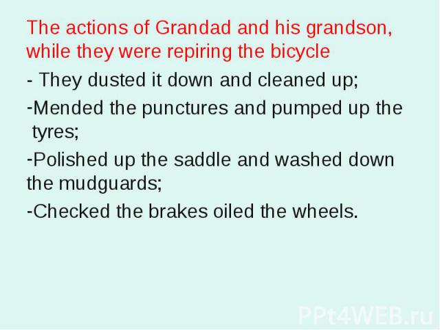 The actions of Grandad and his grandson, while they were repiring the bicycle- They dusted it down and cleaned up;Mended the punctures and pumped up the tyres; Polished up the saddle and washed down the mudguards; Checked the brakes oiled the wheels.