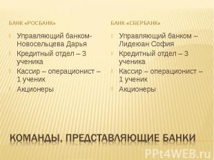 Банк «Росбанк» Управляющий банком- Новосельцева ДарьяКредитный отдел – 3 ученика