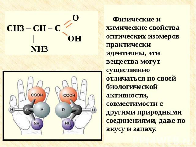 Физические и химические свойства оптических изомеров практически идентичны, эти вещества могут существенно отличаться по своей биологической активности, совместимости с другими природными соединениями, даже по вкусу и запаху.