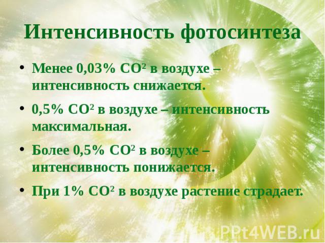 Интенсивность фотосинтеза Менее 0,03% СО² в воздухе – интенсивность снижается.0,5% СО² в воздухе – интенсивность максимальная.Более 0,5% СО² в воздухе – интенсивность понижается.При 1% СО² в воздухе растение страдает.