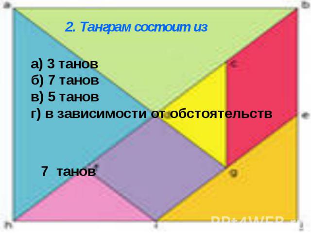 2. Танграм состоит из а) 3 тановб) 7 тановв) 5 тановг) в зависимости от обстоятельств7 танов
