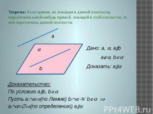 Теорема: Если прямая, не лежащая в данной плоскости, параллельна какой-нибудь пр