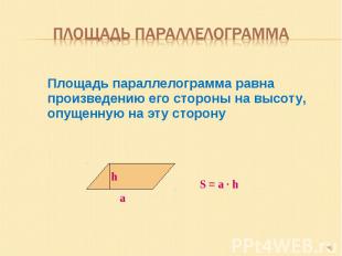 Площадь параллелограмма Площадь параллелограмма равна произведению его стороны н