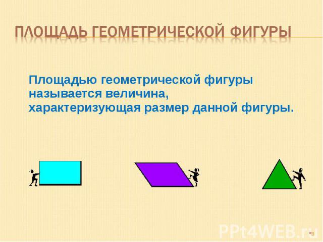 Площадь геометрической фигуры Площадью геометрической фигуры называется величина, характеризующая размер данной фигуры.
