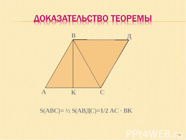 Доказательство теоремы S(АВС)= ½ S(АВДС)=1/2 АС · ВК
