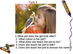 Task 4 1.What pet does the girl look after? 2. What colour is her pet? 3. What d