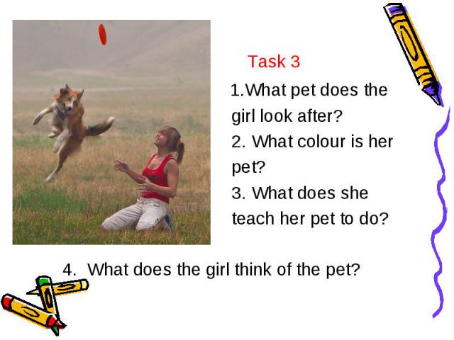 Task 3 1.What pet does the girl look after? 2. What colour is her pet? 3. What does she teach her pet to do? 4. What does the girl think of the pet?