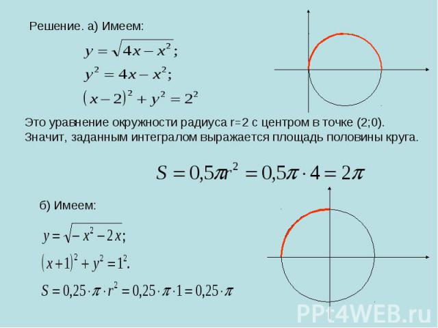 Решение. а) Имеем: Это уравнение окружности радиуса r=2 с центром в точке (2;0).Значит, заданным интегралом выражается площадь половины круга.