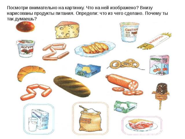 Посмотри внимательно на картинку. Что на ней изображено? Внизу нарисованы продукты питания. Определи: что из чего сделано. Почему ты так думаешь?