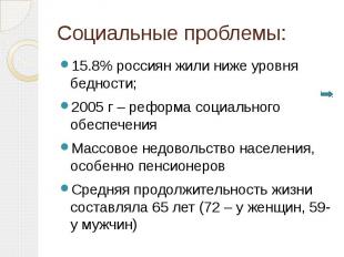 Социальные проблемы: 15.8% россиян жили ниже уровня бедности;2005 г – реформа со