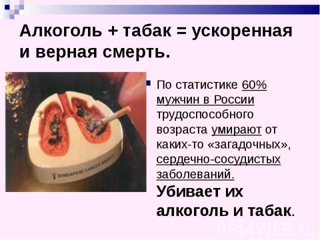 Алкоголь + табак = ускоренная и верная смерть. По статистике 60% мужчин в России трудоспособного возраста умирают от каких-то «загадочных», сердечно-сосудистых заболеваний. Убивает их алкоголь и табак.