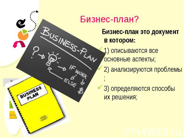 Бизнес-план? Бизнес-план это документ в котором:1) описываются все основные аспекты;2) анализируются проблемы ;3) определяются способы их решения;