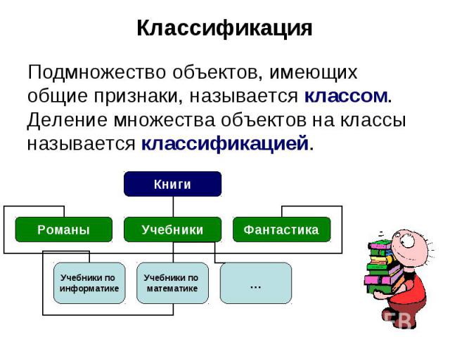 Классификация Подмножество объектов, имеющих общие признаки, называется классом. Деление множества объектов на классы называется классификацией.