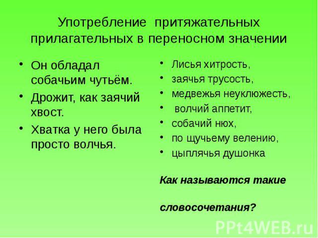 Употребление притяжательных прилагательных в переносном значении Он обладал собачьим чутьём.Дрожит, как заячий хвост.Хватка у него была просто волчья.Лисья хитрость, заячья трусость,медвежья неуклюжесть, волчий аппетит,собачий нюх, по щучьему велени…