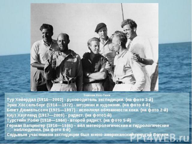 Экипаж Кон-ТикиТур Хейердал (1914—2002) - руководитель экспедиции. (на фото 3-й)Эрик Хессельберг (1914—1972) - штурман и художник. (на фото 4-й)Бенгт Даниельссон (1921—1997) - исполнял обязанности кока. (на фото 2-й)Кнут Хаугланд (1917—2009) - радис…