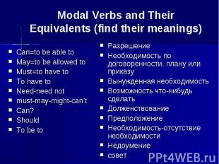 Modal Verbs and Their Equivalents (find their meanings) Can=to be able toMay=to