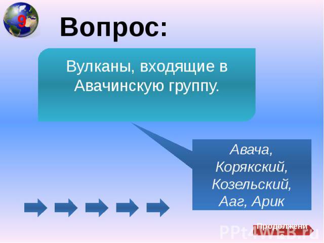 Вопрос:Вулканы, входящие в Авачинскую группу.Авача, Корякский, Козельский, Ааг, Арик