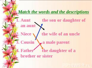 Match the words and the descriptionsAunt the son or daughter of an auntNiece the