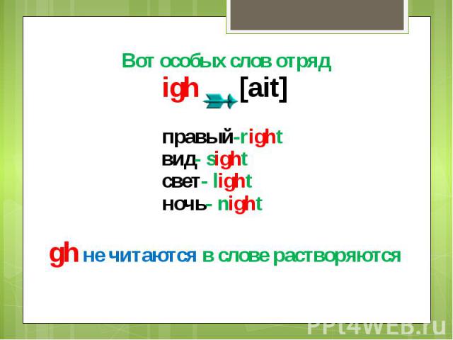Вот особых слов отрядigh [ait]правый-right вид- sight свет- light ночь- night gh не читаются в слове растворяются