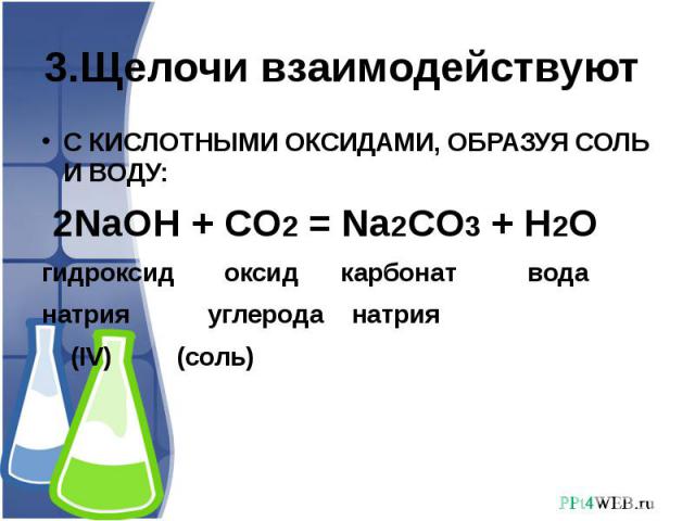 3.Щелочи взаимодействуют С КИСЛОТНЫМИ ОКСИДАМИ, ОБРАЗУЯ СОЛЬ И ВОДУ: 2NaOH + CO2 = Na2CO3 + H2Oгидроксид оксид карбонат воданатрия углерода натрия(IV) (соль)
