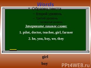 Words Зачеркните лишнее слово:1. pilot, doctor, teacher, girl, farmer2. he, you,