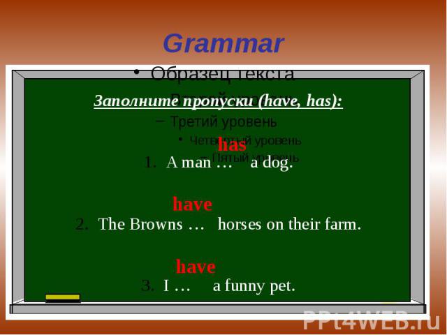 Grammar Заполните пропуски (have, has):A man … a dog.The Browns … horses on their farm.I … a funny pet.