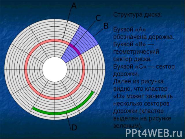 Структура диска:Буквой «А» обозначена дорожка. Буквой «В» — геометрический сектор диска.Буквой «С» — сектор дорожки. Далее из рисунка видно, что кластер «D» может занимать несколько секторов дорожки (кластер выделен на рисунке зеленым).