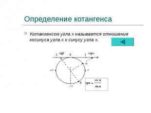 Определение котангенса Котангенсом угла х называется отношение косинуса угла х к