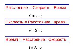 Расстояние = Скорость ∙ ВремяСкорость = Расстояние : времяВремя = Расстояние : С