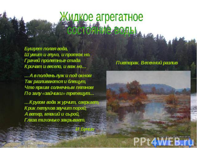 Жидкое агрегатноесостояние водыБушует полая вода, Шумит и глухо, и протяжно. Грачей пролетные стада Кричат и весело, и важно……А в полдень лужи под окном Так разливаются и блещут, Что ярким солнечным пятном По залу «зайчики» трепещут……Кругом вода жур…