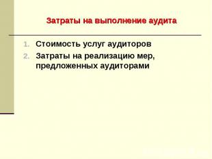 Затраты на выполнение аудита Стоимость услуг аудиторовЗатраты на реализацию мер,