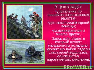 В Центр входят:управление по аварийно-спасательным работам;доставка гуманитарной