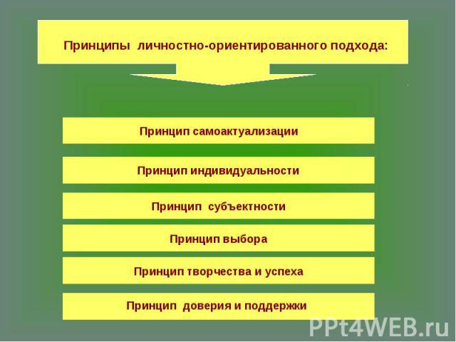 Принципы личностно-ориентированного подхода:Принцип самоактуализацииПринцип индивидуальностиПринцип субъектностиПринцип выбораПринцип творчества и успехаПринцип доверия и поддержки