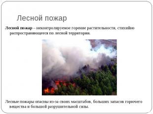 Лесной пожар Лесной пожар – неконтролируемое горение растительности, стихийно ра