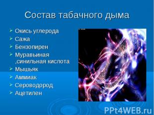 Состав табачного дыма Окись углеродаСажаБензопиренМуравьиная ,синильная кислотаМ